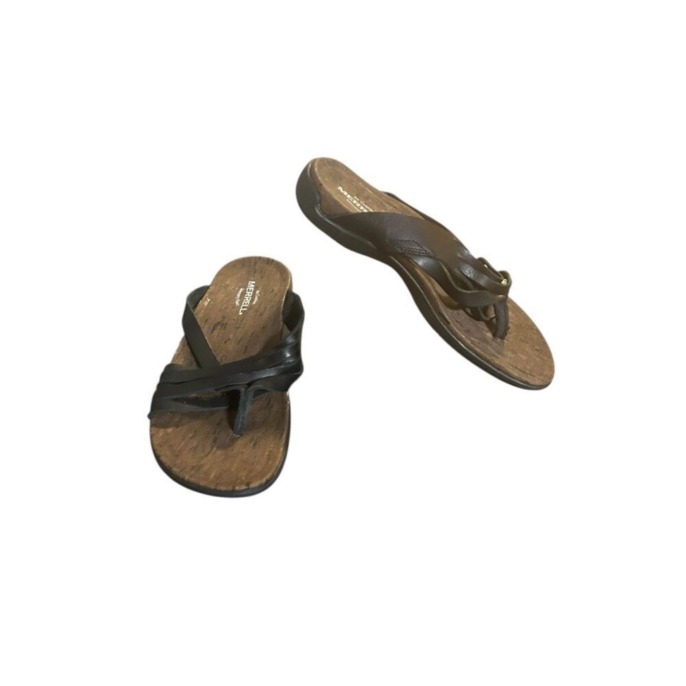 Merrell Black Leather Cross-Strap Thong Sandals Size 7
